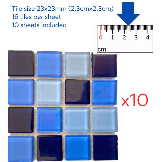 Mosaic Tiles - 10 x sheets of Blue Mix Glass 23x23mm