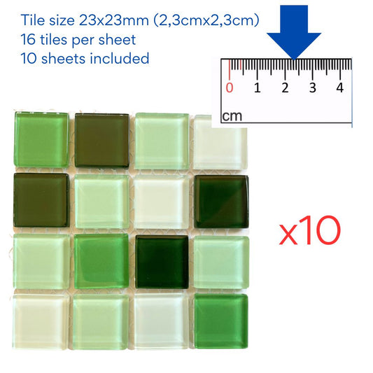 Mosaic Tiles - 10 x sheets of Green Mix Glass 23x23mm