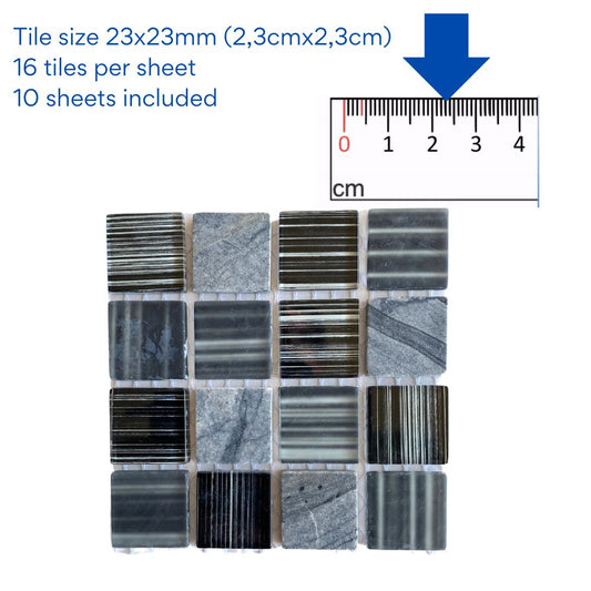 Mosaic Tiles - 10 x sheets of Zebra Stripe Black and White stone and glass tiles 23x23mm