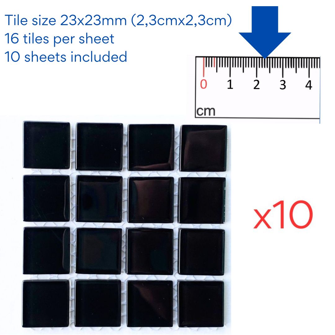 Mosaic Tiles - 10 x sheets of Black Glass 23x23mm