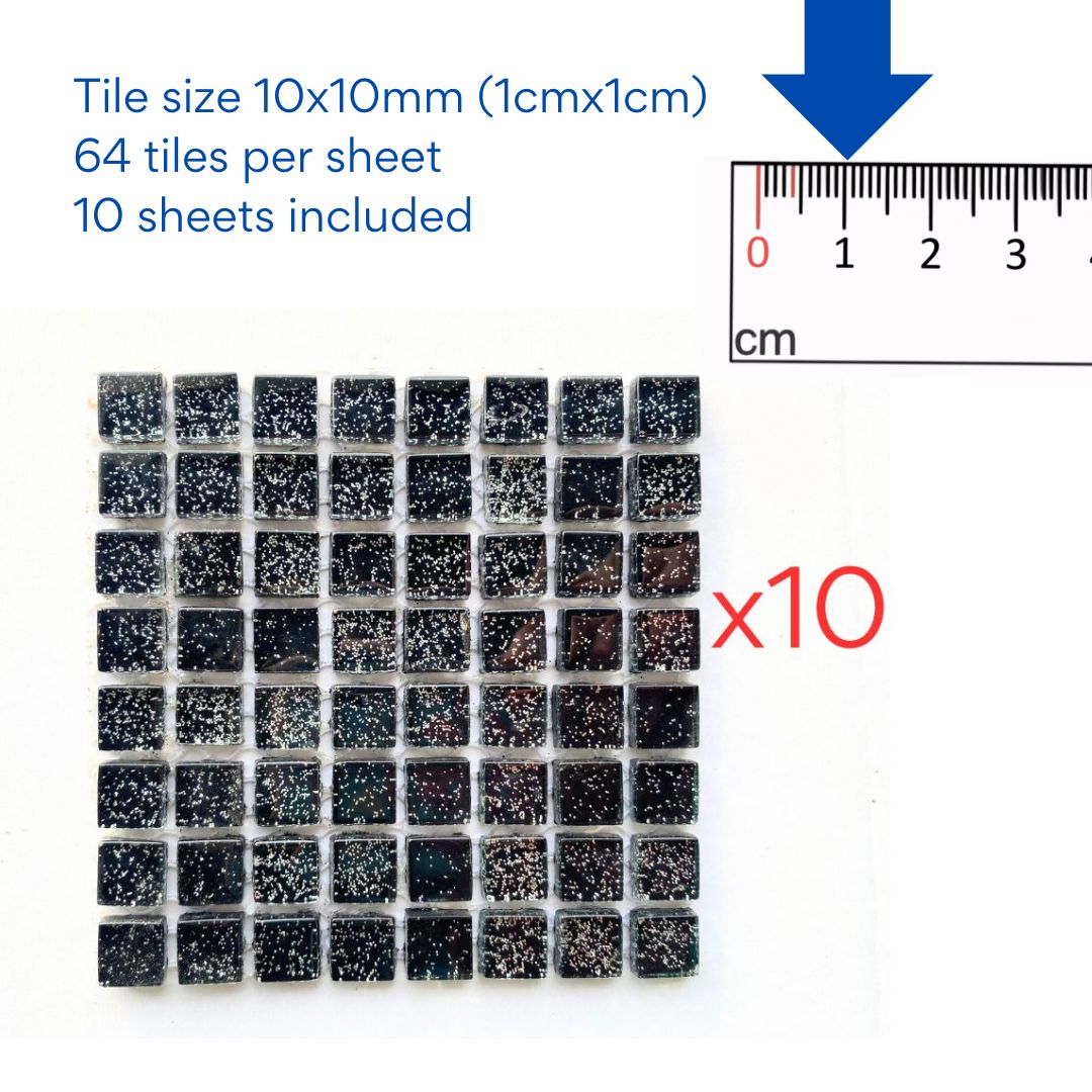 Mosaic Tiles - 10 x sheets of Black Glitter 10x10mm