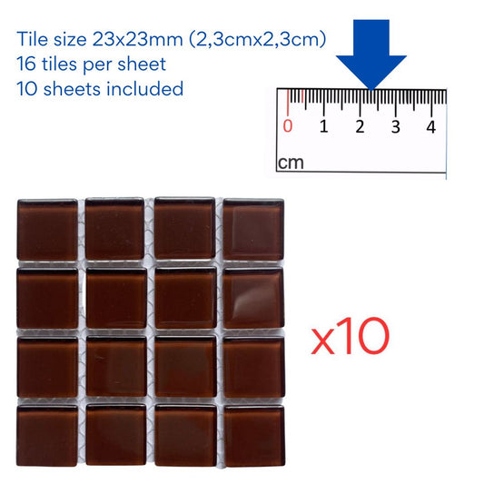 Mosaic Tiles - 10 x sheets of Chocolate Brown Glass 23x23mm