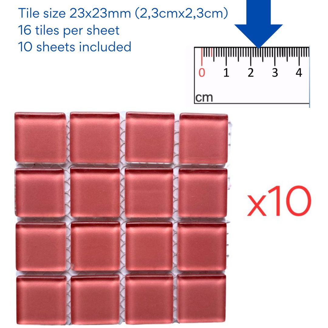 Mosaic Tiles - 10 x sheets of Dusty Pink Glass 23x23mm (small tiles for crafting)