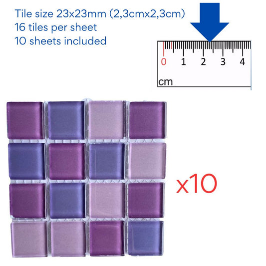 Mosaic Tiles - 10 x sheets of Mixed Purple Glass 23x23mm