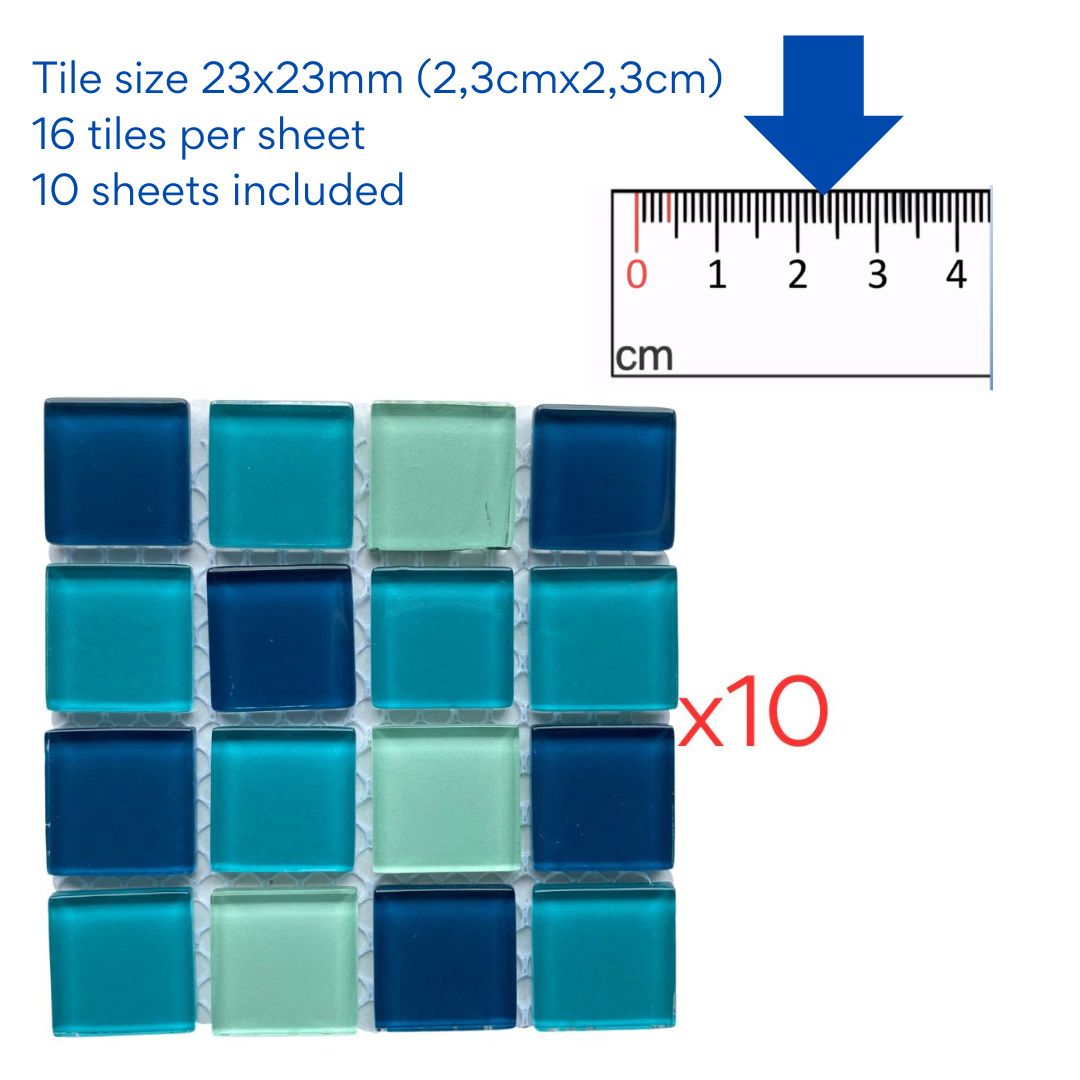 Mosaic Tiles - 10 x sheets of Turquoise Mix Glass 23x23mm