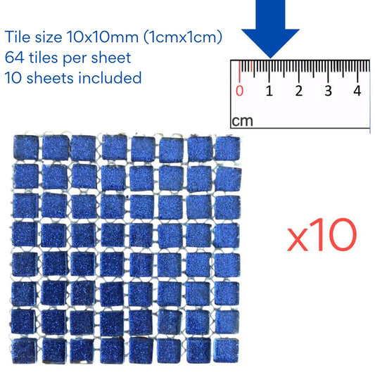 Mosaic Tiles - 10 x sheets of Deep Blue Glitter 10x10mm (small tiles for crafting)