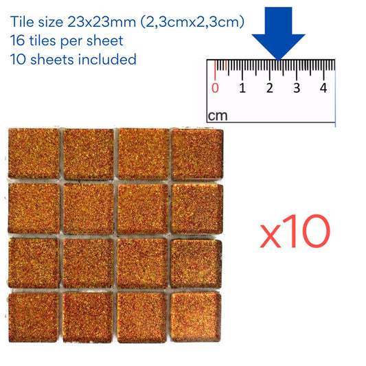 Mosaic Tiles - 10 x sheets of Orange Glitter 23x23mm