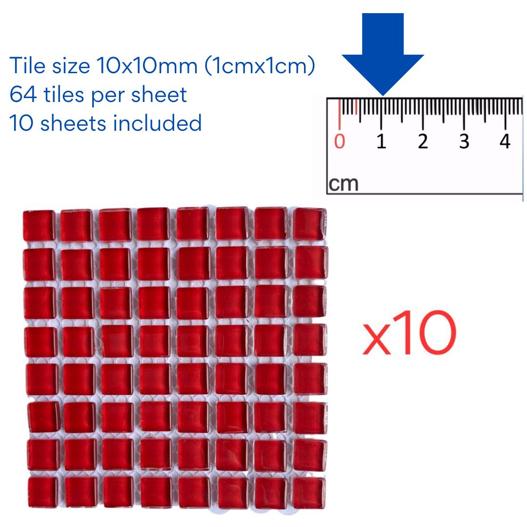 Mosaic Tiles - 10 x sheets of Red Glass 10x10mm