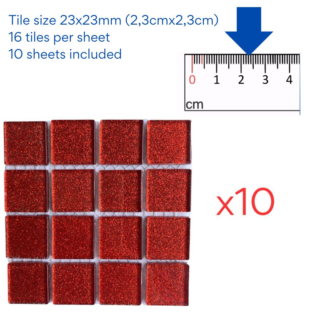 Mosaic Tiles - 10 x sheets of Red Glitter 23x23mm