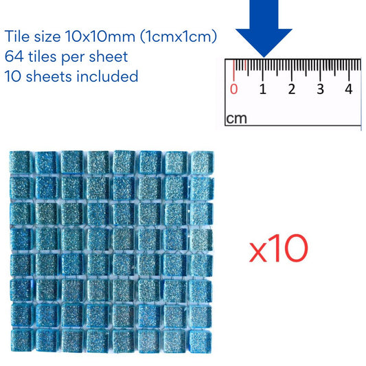 Mosaic Tiles - 10 x sheets of Ocean Soft Blue Glitter 10x10mm